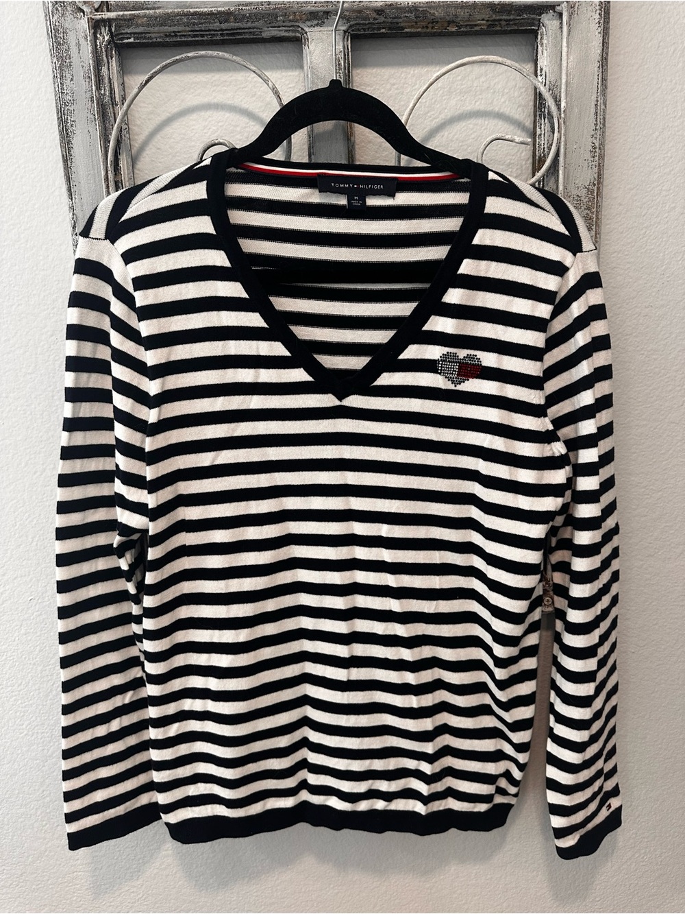 Tommy Hilfiger Black & White Striped V-Neck Long Sleeve Top